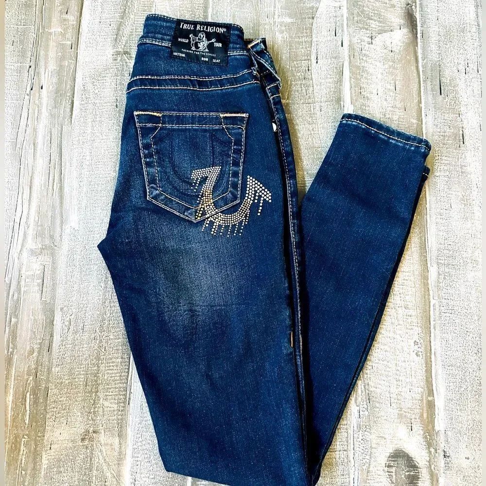True Religion Mid Rise Skinny Dark Studded Pocket Denim Jeans 24